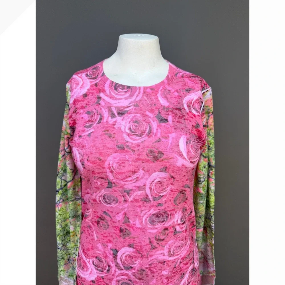 Whimsy Rose Pink Floral Knit Top Waffle Large Botanical Long Sleeve Cottagecore - Picture 2 of 13